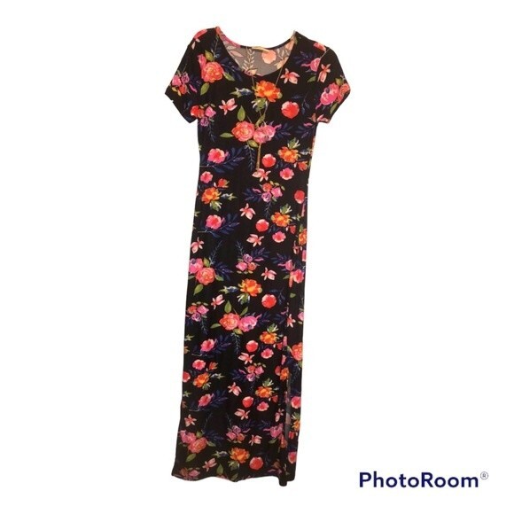 Bobbie Brooks Size M Womens Black Floral Maxi Dress + Necklace NEW NWT - Picture 1 of 4